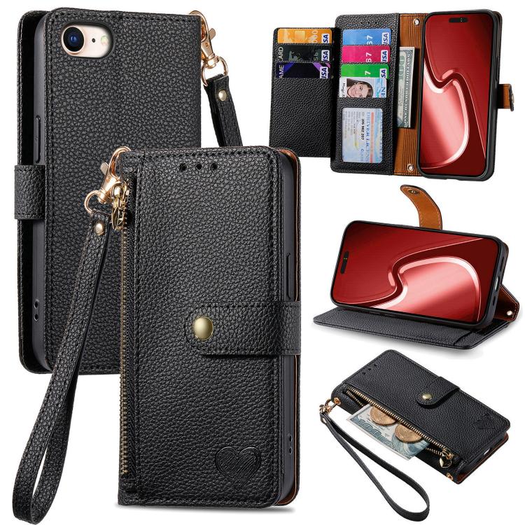 For iPhone 16e Love Zipper Lanyard Leather Phone Case(Black) - iPhone 16e Cases by PMC TechLife | Online Shopping South Africa | PMC TechLife | Buy Now Pay Later Mobicred
