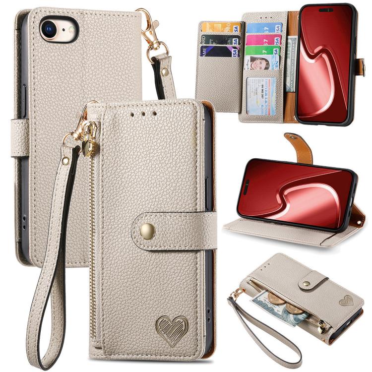 For iPhone 16e Love Zipper Lanyard Leather Phone Case(Gray) - iPhone 16e Cases by PMC TechLife | Online Shopping South Africa | PMC TechLife | Buy Now Pay Later Mobicred