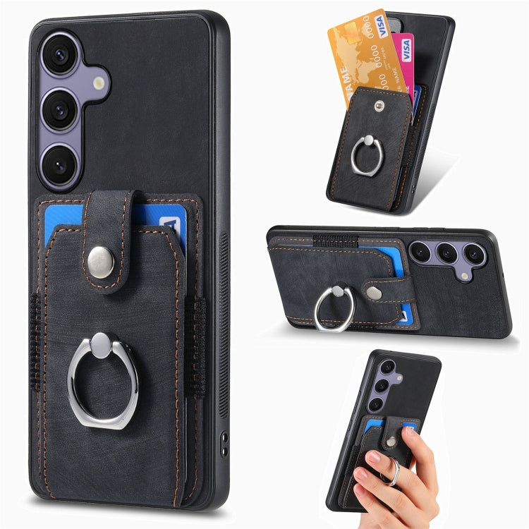 For Samsung Galaxy S25 5G Retro Skin-feel Ring Card Wallet Phone Case(Black) - Galaxy S25 5G Cases by PMC TechLife | Online Shopping South Africa | PMC TechLife | Buy Now Pay Later Mobicred
