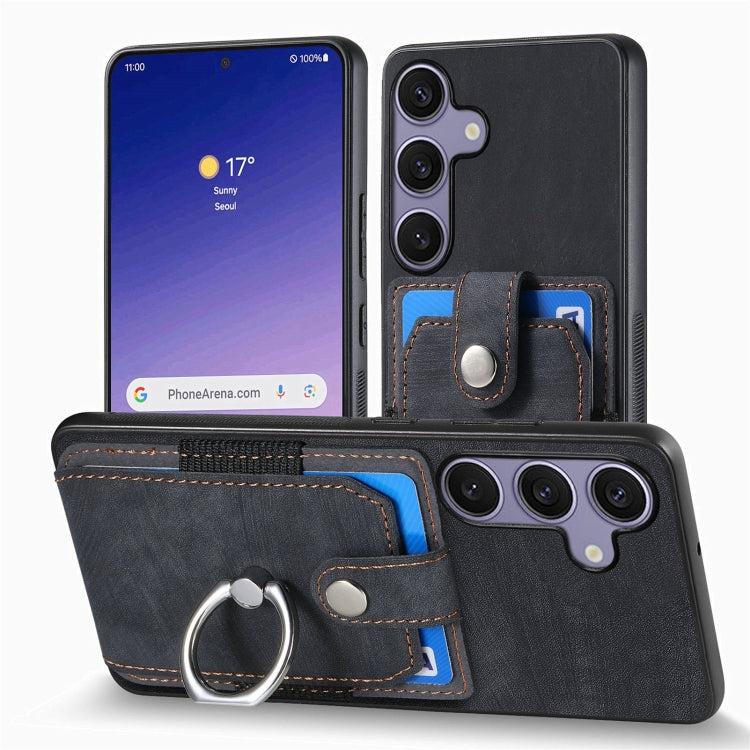 For Samsung Galaxy S25 5G Retro Skin-feel Ring Card Wallet Phone Case(Black) - Galaxy S25 5G Cases by PMC TechLife | Online Shopping South Africa | PMC TechLife | Buy Now Pay Later Mobicred