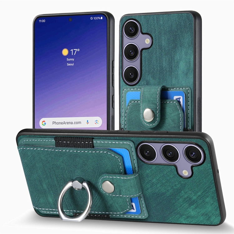 For Samsung Galaxy S25 5G Retro Skin-feel Ring Card Wallet Phone Case(Green) - Galaxy S25 5G Cases by PMC TechLife | Online Shopping South Africa | PMC TechLife | Buy Now Pay Later Mobicred