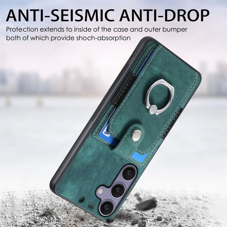 For Samsung Galaxy S25 5G Retro Skin-feel Ring Card Wallet Phone Case(Green) - Galaxy S25 5G Cases by PMC TechLife | Online Shopping South Africa | PMC TechLife | Buy Now Pay Later Mobicred