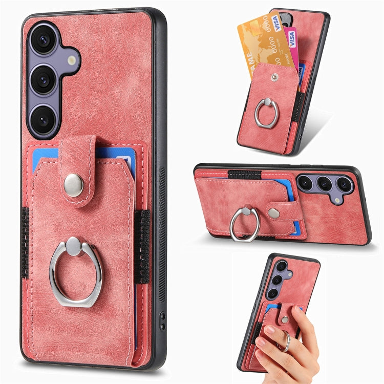 For Samsung Galaxy S25+ 5G Retro Skin-feel Ring Card Wallet Phone Case(Pink) - Galaxy S25+ 5G Cases by PMC TechLife | Online Shopping South Africa | PMC TechLife | Buy Now Pay Later Mobicred