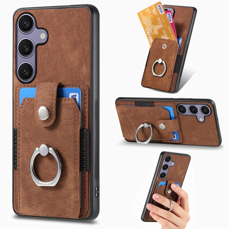 For Samsung Galaxy S25 Ultra 5G Retro Skin-feel Ring Card Wallet Phone Case(Brown) - Galaxy S25 Ultra 5G Cases by PMC TechLife | Online Shopping South Africa | PMC TechLife | Buy Now Pay Later Mobicred