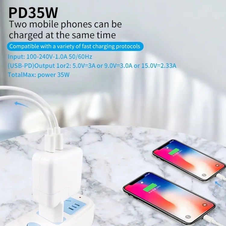 35W PD3.0 USB-C / Type-C Dual Port Charger with 2m Type-C to 8 Pin Data Cable, US Plug - free shipping - PMC Jewellery - Order now!