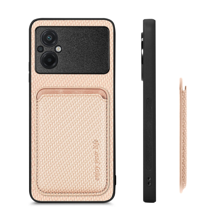 For Xiaomi POCO M5 4G Carbon Fiber Leather Card Magsafe Phone Case(Khaki) - Xiaomi Cases by PMC TechLife | Online Shopping South Africa | PMC TechLife