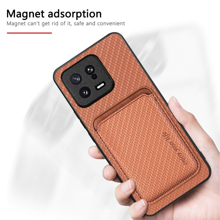 For Xiaomi 13 Carbon Fiber Leather Card Magsafe Phone Case(Brown) - 13 Cases by PMC TechLife | Online Shopping South Africa | PMC TechLife