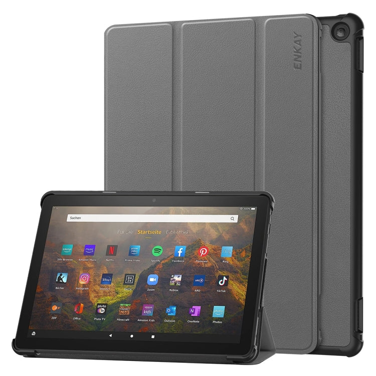 For Amazon Fire HD 10 2023 ENKAY ENKAY Tri-fold Custer Texture Leather Smart Tablet Case(Grey) - Amazon by ENKAY | Online Shopping South Africa | PMC TechLife | Buy Now Pay Later Mobicred