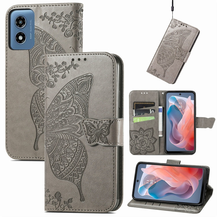 For Motorola Moto G  Play  2024 Butterfly Love Flower Embossed Leather Phone Case(Gray) - Motorola Cases by PMC Jewellery | Online Shopping South Africa | PMC Jewellery | Buy Now Pay Later Mobicred