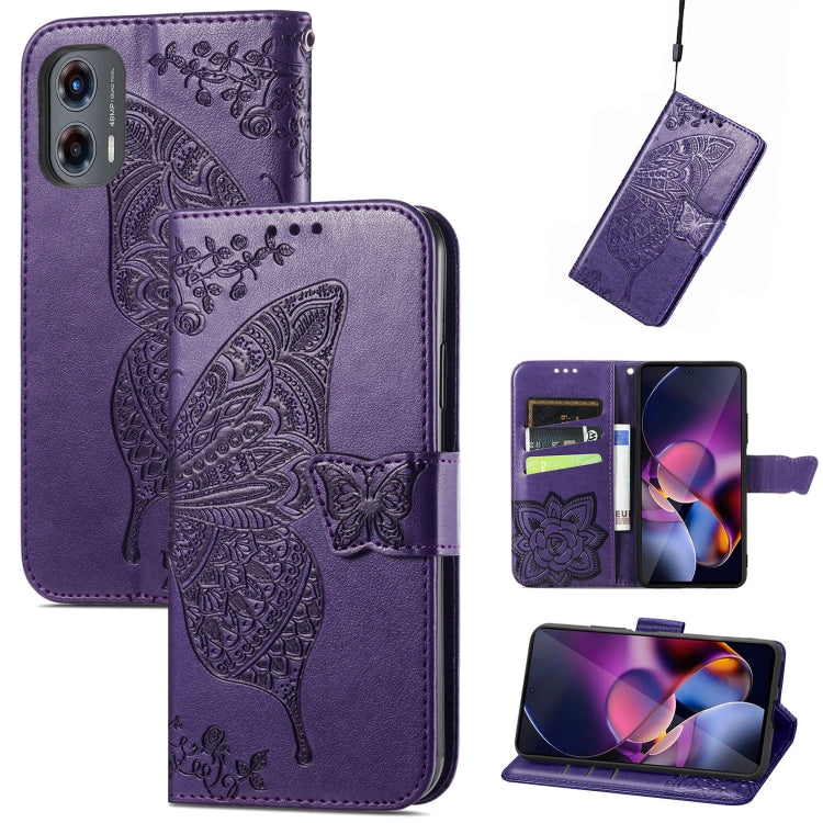 For Motorola Moto G Stylus 5G 2024 Butterfly Love Flower Embossed Leather Phone Case(Dark Purple) - Motorola Cases by PMC Jewellery | Online Shopping South Africa | PMC Jewellery | Buy Now Pay Later Mobicred