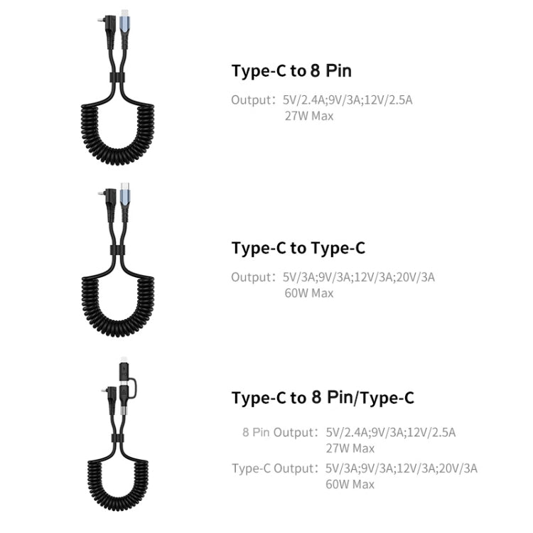 ENKAY Type-C to Type-C / 8 Pin 3A Elbow Expansion Spring Coiled Fast Chrging Data Cable, Length: 1.5m - free shipping - PMC Jewellery - Order now!