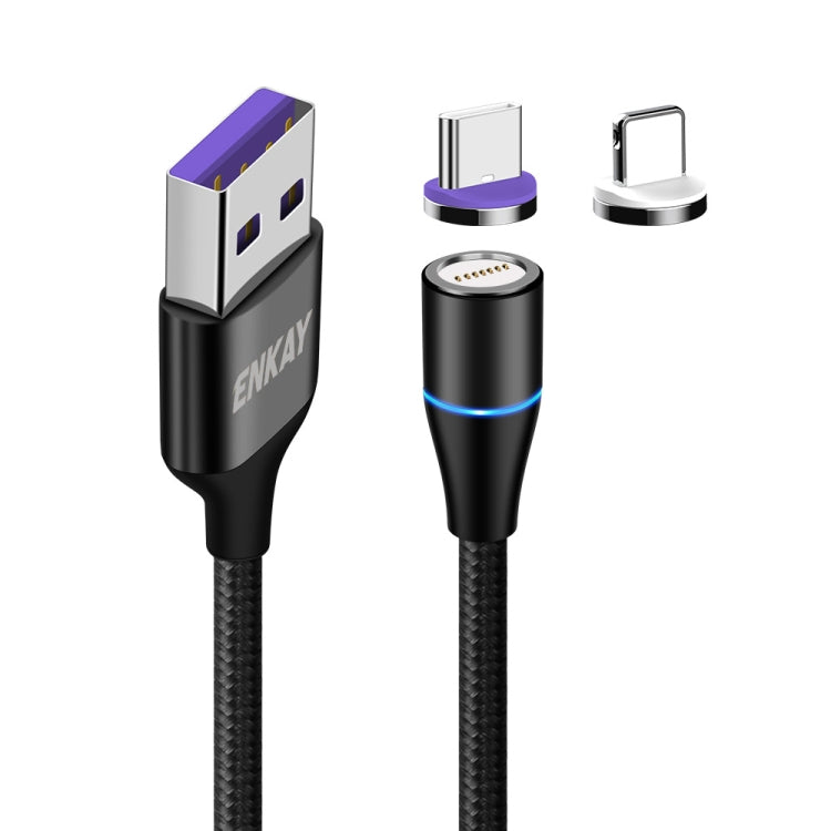 ENKAY 2 in 1 5A USB to Type-C + 8 Pin Magnetic Fast Charging Data Cable with LED Light, Length: 1m(Black) - free shipping - PMC Jewellery - Order now!