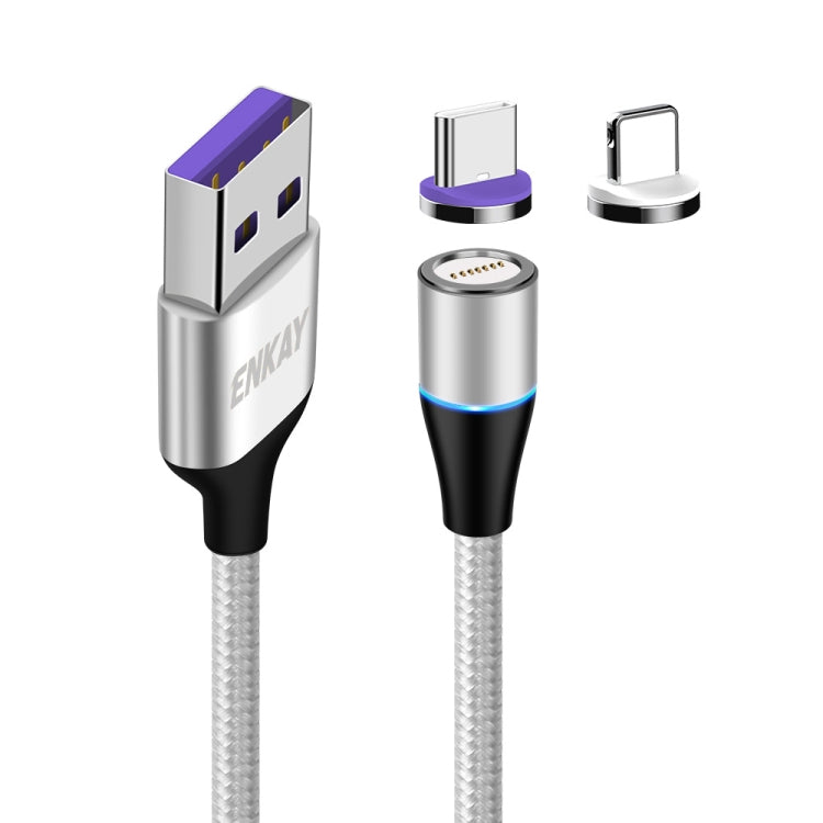ENKAY 2 in 1 5A USB to Type-C + 8 Pin Magnetic Fast Charging Data Cable with LED Light, Length: 1m(Silver) - free shipping - PMC Jewellery - Order now!