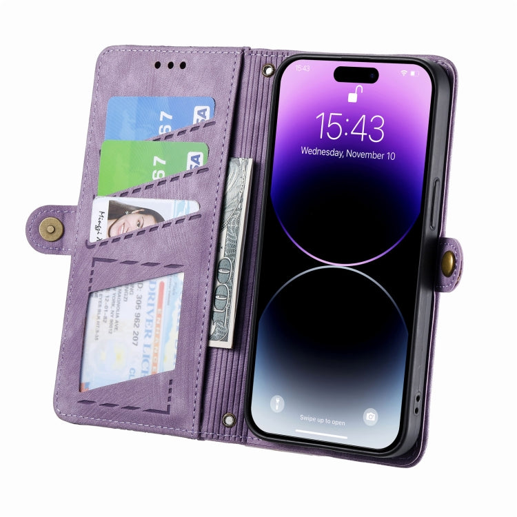 For iPhone 14 Pro Max Geometric Zipper Wallet Side Buckle Leather Phone Case(Purple) - free shipping - PMC TechLife - Order now!