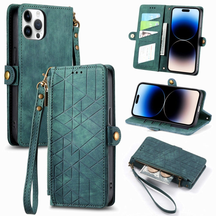 For iPhone 14 Pro Max Geometric Zipper Wallet Side Buckle Leather Phone Case(Green) - free shipping - PMC TechLife - Order now!