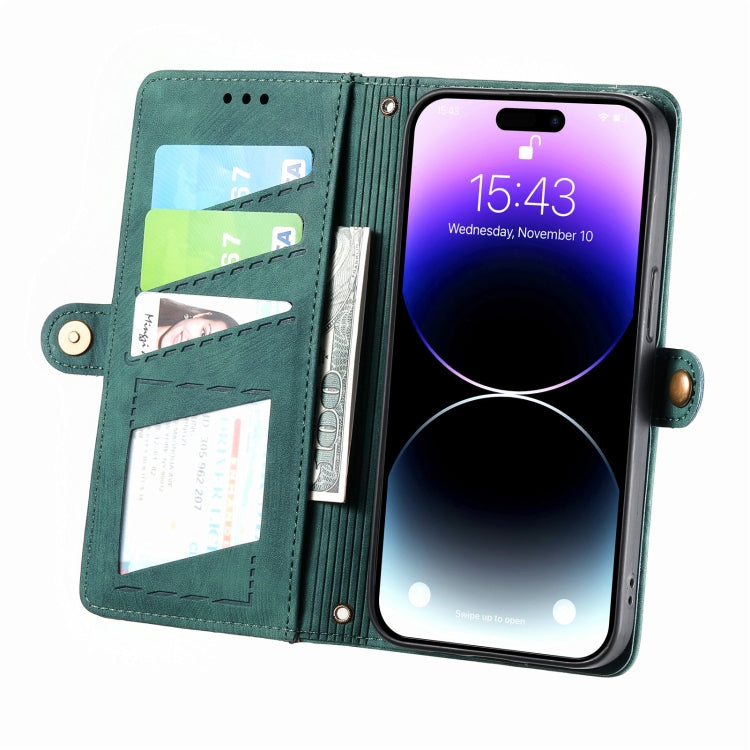 For iPhone 14 Pro Max Geometric Zipper Wallet Side Buckle Leather Phone Case(Green) - free shipping - PMC TechLife - Order now!