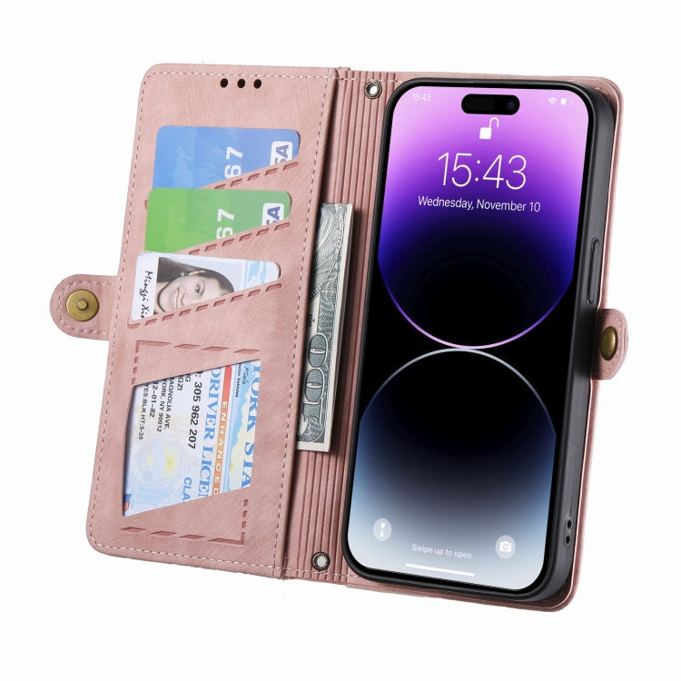 For iPhone 13 Geometric Zipper Wallet Side Buckle Leather Phone Case(Pink) - free shipping - PMC TechLife - Order now!