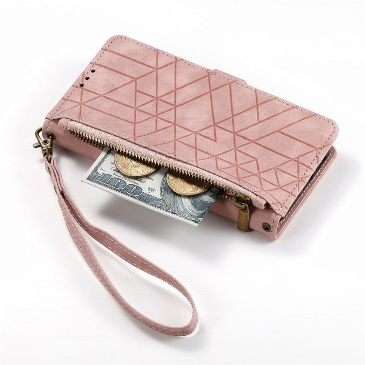 For iPhone 13 Geometric Zipper Wallet Side Buckle Leather Phone Case(Pink) - free shipping - PMC TechLife - Order now!