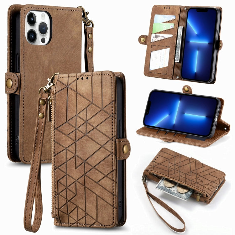 For iPhone 13 Pro Geometric Zipper Wallet Side Buckle Leather Phone Case(Brown) - free shipping - PMC TechLife - Order now!