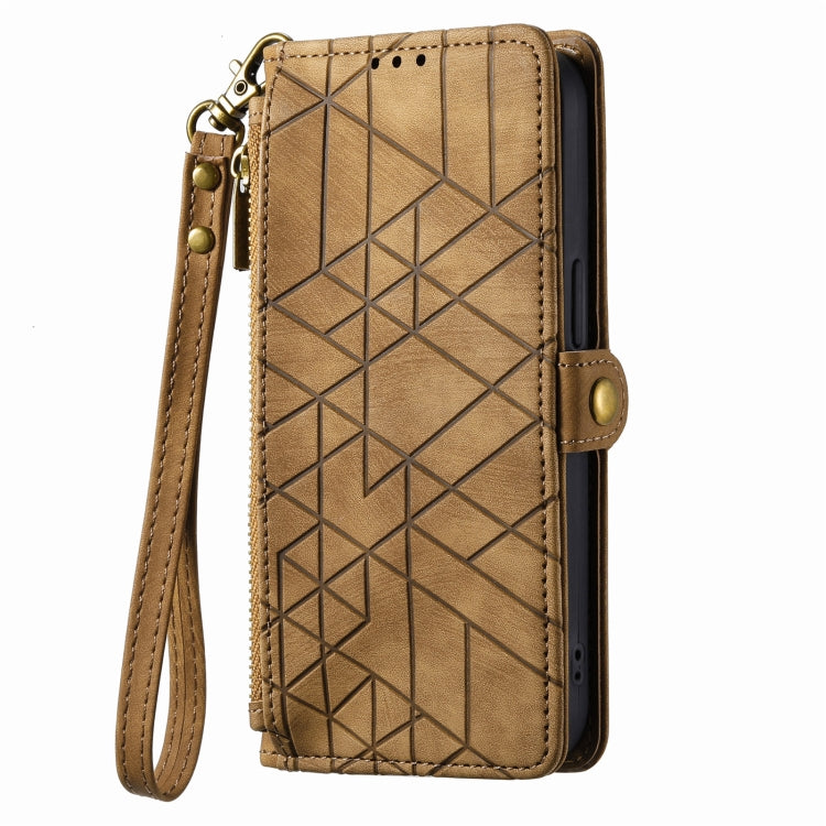 For iPhone 13 Pro Geometric Zipper Wallet Side Buckle Leather Phone Case(Brown) - free shipping - PMC TechLife - Order now!