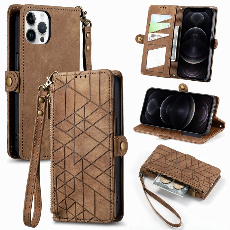 For iPhone 12 / 12 Pro Geometric Zipper Wallet Side Buckle Leather Phone Case(Brown) - free shipping - PMC TechLife - Order now!