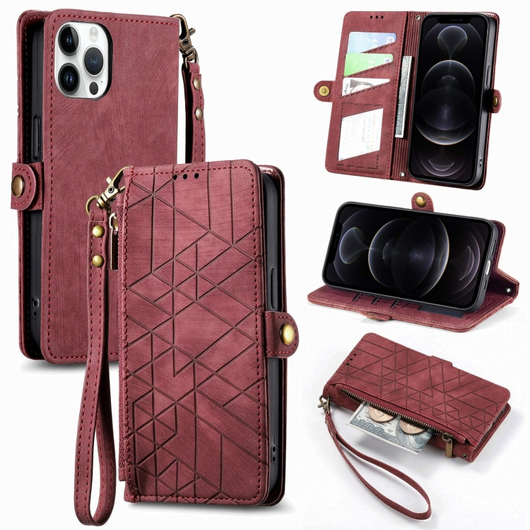 For iPhone 12 / 12 Pro Geometric Zipper Wallet Side Buckle Leather Phone Case(Red) - free shipping - PMC TechLife - Order now!