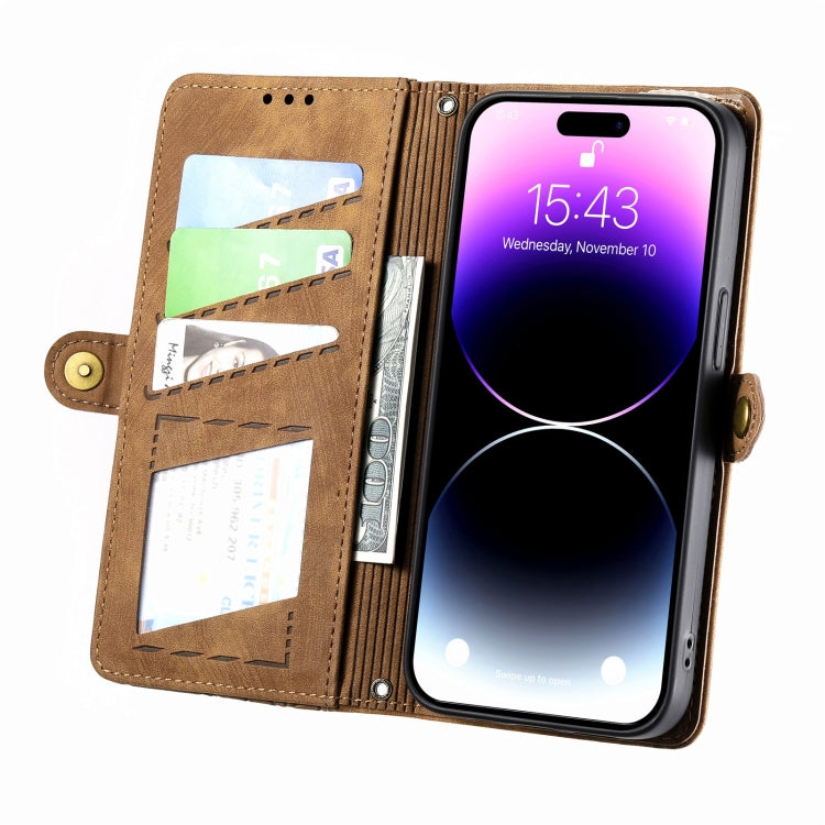For iPhone 12 Pro Max Geometric Zipper Wallet Side Buckle Leather Phone Case(Brown) - free shipping - PMC TechLife - Order now!