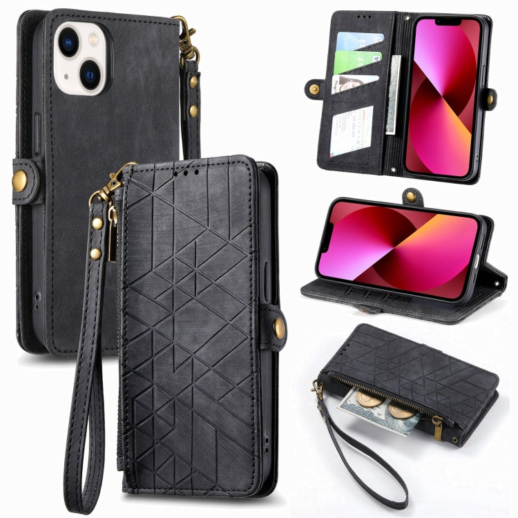 For iPhone 12 Pro Max Geometric Zipper Wallet Side Buckle Leather Phone Case(Black) - free shipping - PMC TechLife - Order now!