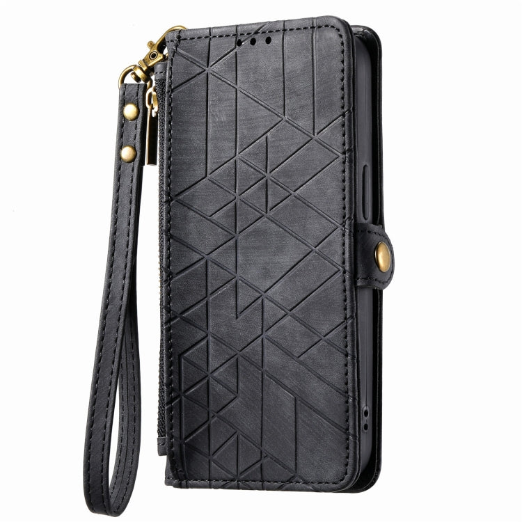 For iPhone 12 Pro Max Geometric Zipper Wallet Side Buckle Leather Phone Case(Black) - free shipping - PMC TechLife - Order now!