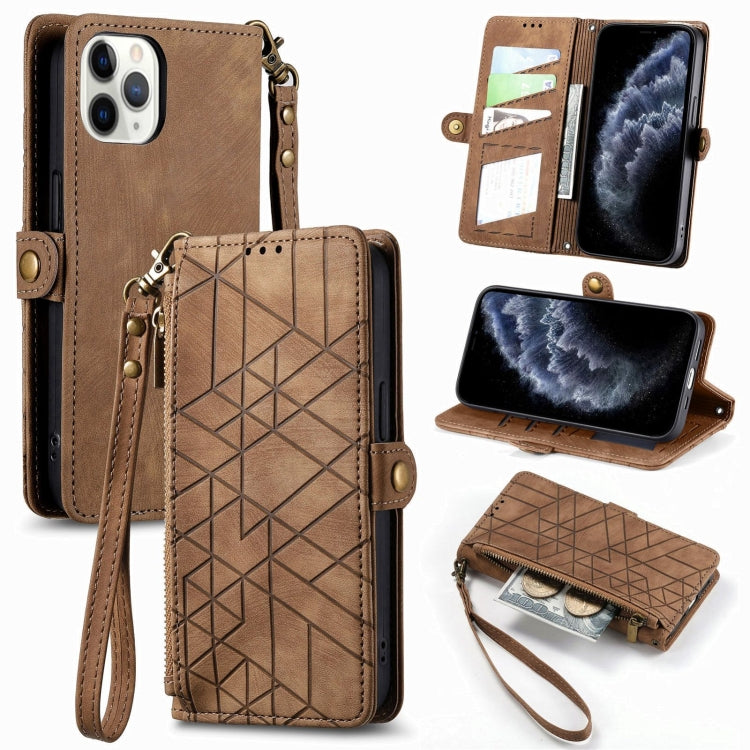 For iPhone 11 Pro Max Geometric Zipper Wallet Side Buckle Leather Phone Case(Brown) - free shipping - PMC TechLife - Order now!