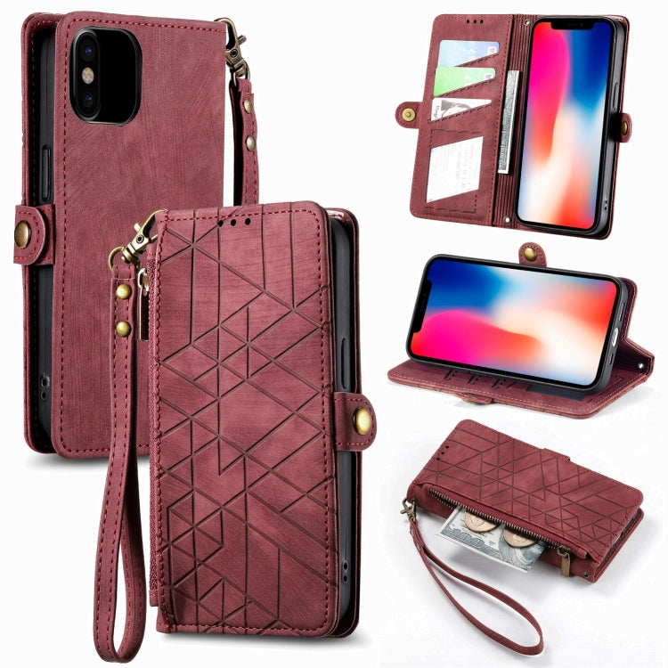 For iPhone X / XS Geometric Zipper Wallet Side Buckle Leather Phone Case(Red) - free shipping - PMC TechLife - Order now!