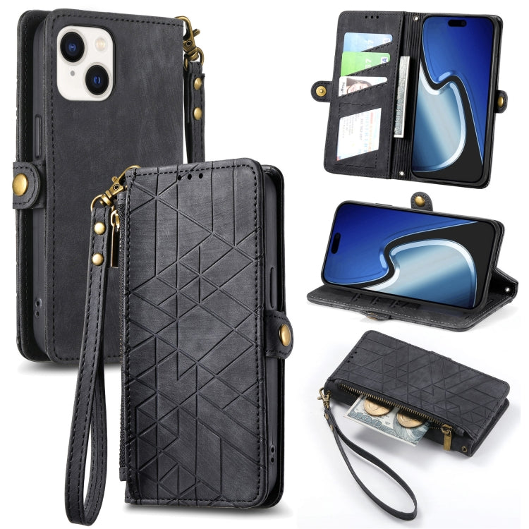 For iPhone 15 Geometric Zipper Wallet Side Buckle Leather Phone Case(Black) - free shipping - PMC TechLife - Order now!