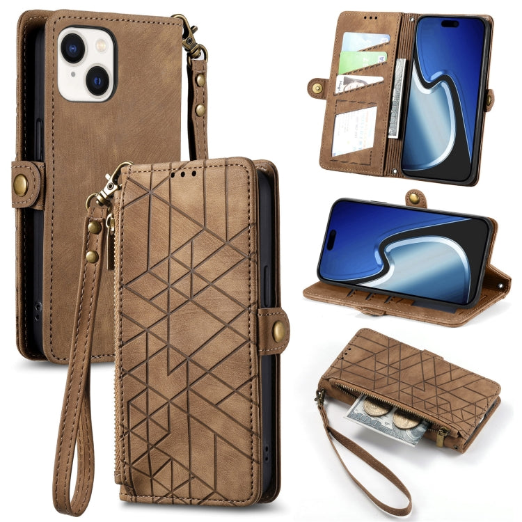 For iPhone 15 Plus Geometric Zipper Wallet Side Buckle Leather Phone Case(Brown) - free shipping - PMC TechLife - Order now!