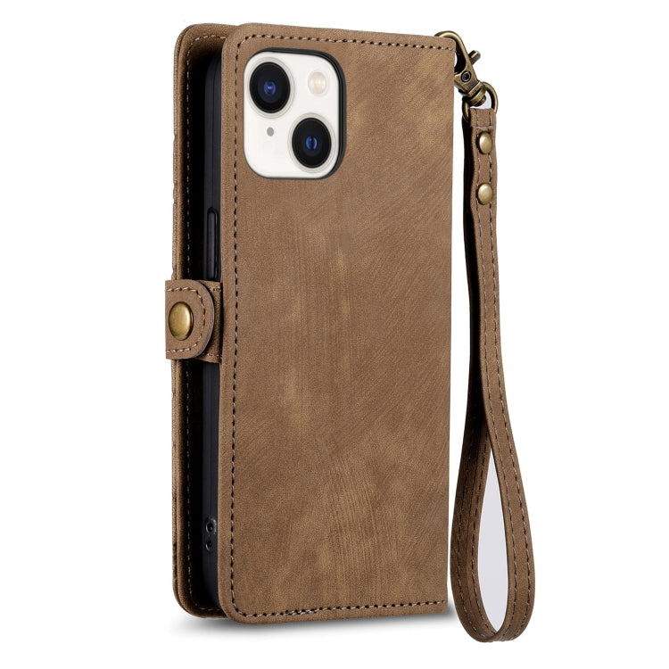 For iPhone 15 Plus Geometric Zipper Wallet Side Buckle Leather Phone Case(Brown) - free shipping - PMC TechLife - Order now!