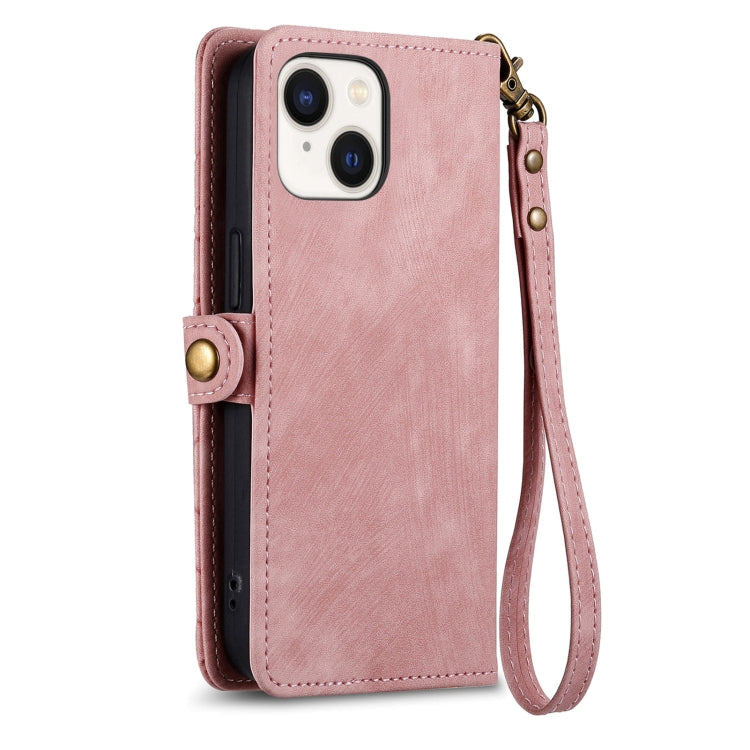 For iPhone 15 Plus Geometric Zipper Wallet Side Buckle Leather Phone Case(Pink) - free shipping - PMC TechLife - Order now!