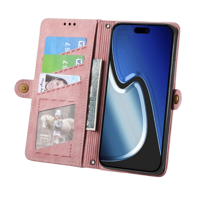 For iPhone 15 Plus Geometric Zipper Wallet Side Buckle Leather Phone Case(Pink) - free shipping - PMC TechLife - Order now!