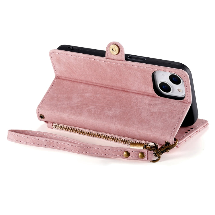 For iPhone 15 Plus Geometric Zipper Wallet Side Buckle Leather Phone Case(Pink) - free shipping - PMC TechLife - Order now!