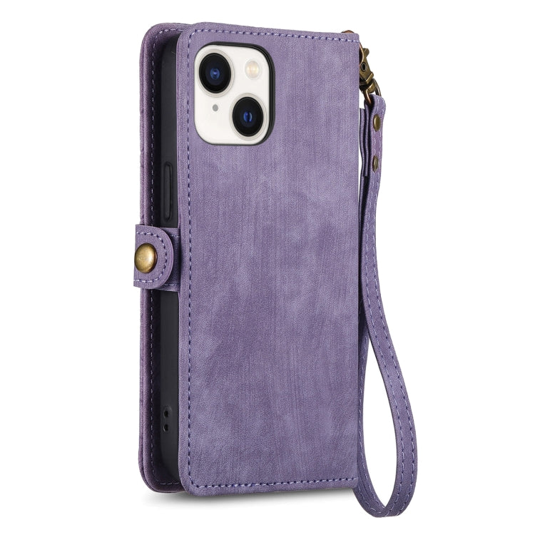 For iPhone 15 Plus Geometric Zipper Wallet Side Buckle Leather Phone Case(Purple) - free shipping - PMC TechLife - Order now!