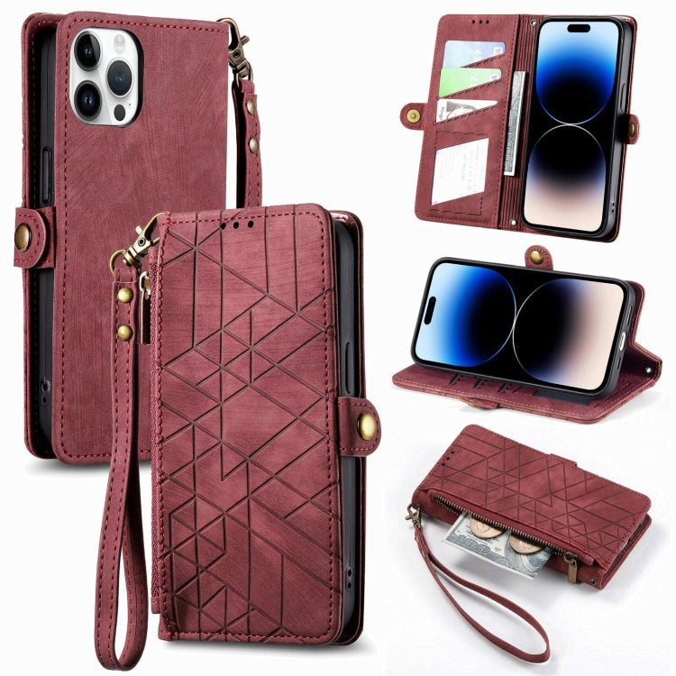 For iPhone 15 Pro Max Geometric Zipper Wallet Side Buckle Leather Phone Case(Red) - free shipping - PMC TechLife - Order now!