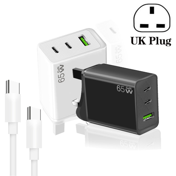 GaN PD65W Type-C x 2 + USB3.0 Charger with Type-C to Type-C Data Cable ,UK Plug(White) - free shipping - PMC Jewellery - Order now!