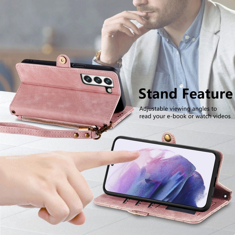 For Samsung Galaxy S22 5G Geometric Zipper Wallet Side Buckle Leather Phone Case(Pink) - free shipping - PMC TechLife - Order now!