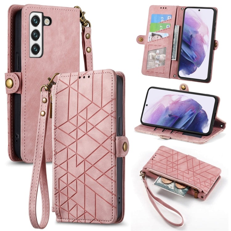 For Samsung Galaxy S21+ 5G Geometric Zipper Wallet Side Buckle Leather Phone Case(Pink) - free shipping - PMC TechLife - Order now!