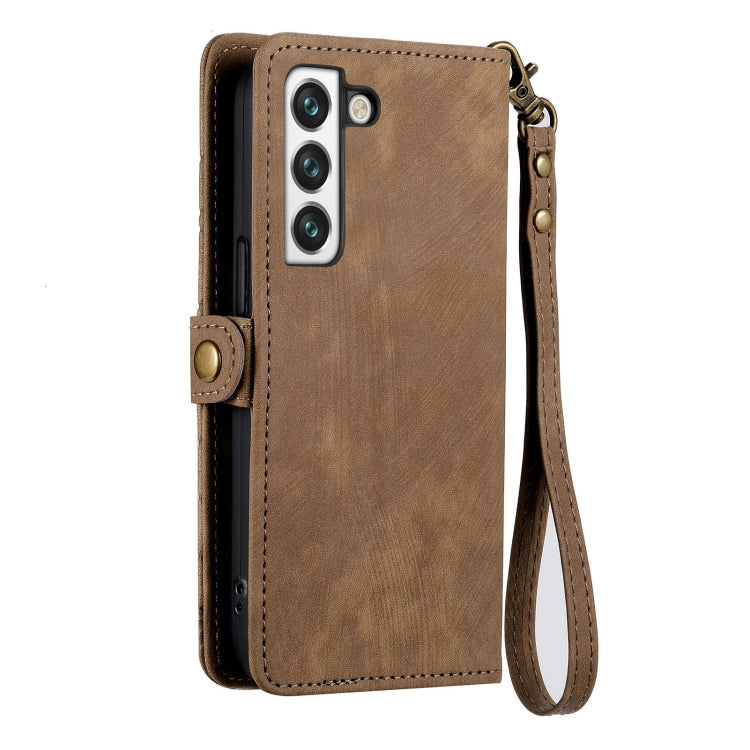 For Samsung Galaxy S21+ 5G Geometric Zipper Wallet Side Buckle Leather Phone Case(Brown) - free shipping - PMC TechLife - Order now!