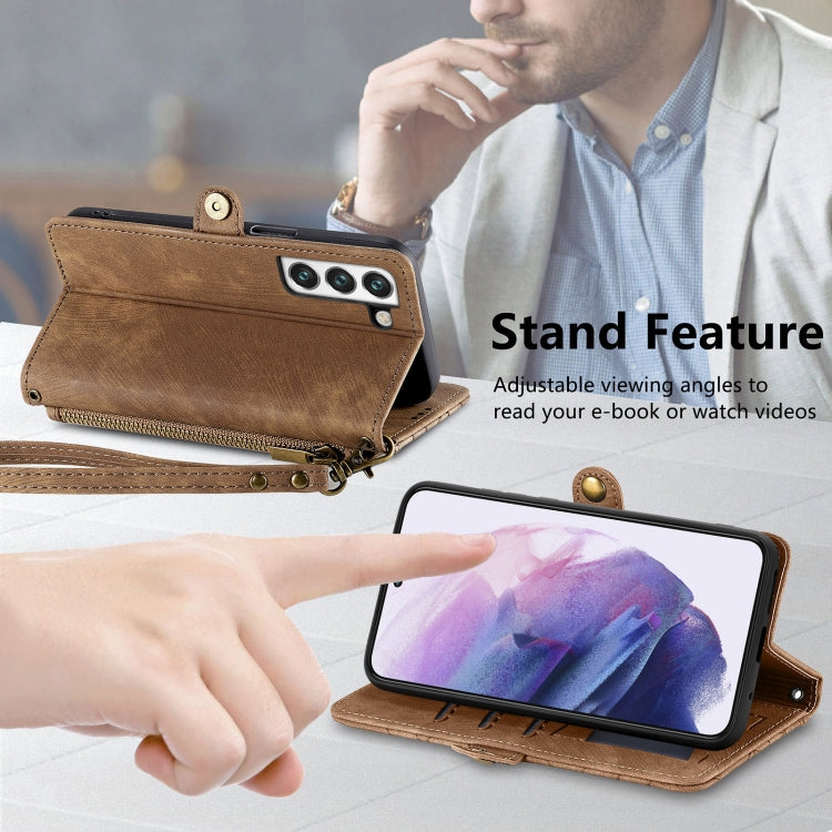 For Samsung Galaxy S21 Ultra 5G Geometric Zipper Wallet Side Buckle Leather Phone Case(Brown) - free shipping - PMC TechLife - Order now!