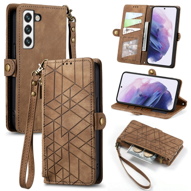 For Samsung Galaxy S20 Ultra Geometric Zipper Wallet Side Buckle Leather Phone Case(Brown) - free shipping - PMC TechLife - Order now!