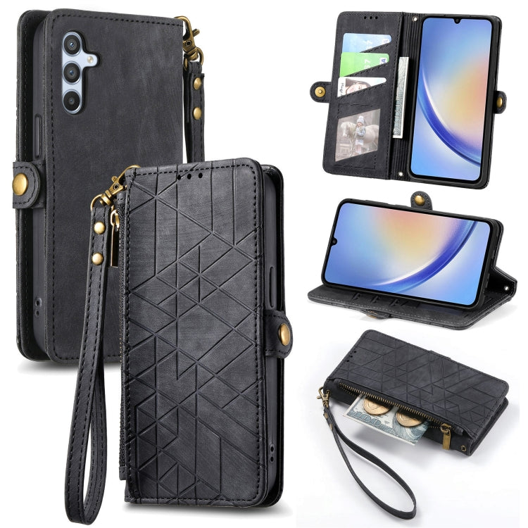 For Samsung Galaxy A30 Geometric Zipper Wallet Side Buckle Leather Phone Case(Black) - free shipping - PMC TechLife - Order now!