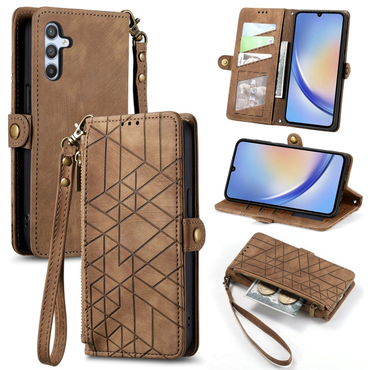 For Samsung Galaxy A50 Geometric Zipper Wallet Side Buckle Leather Phone Case(Brown) - free shipping - PMC TechLife - Order now!