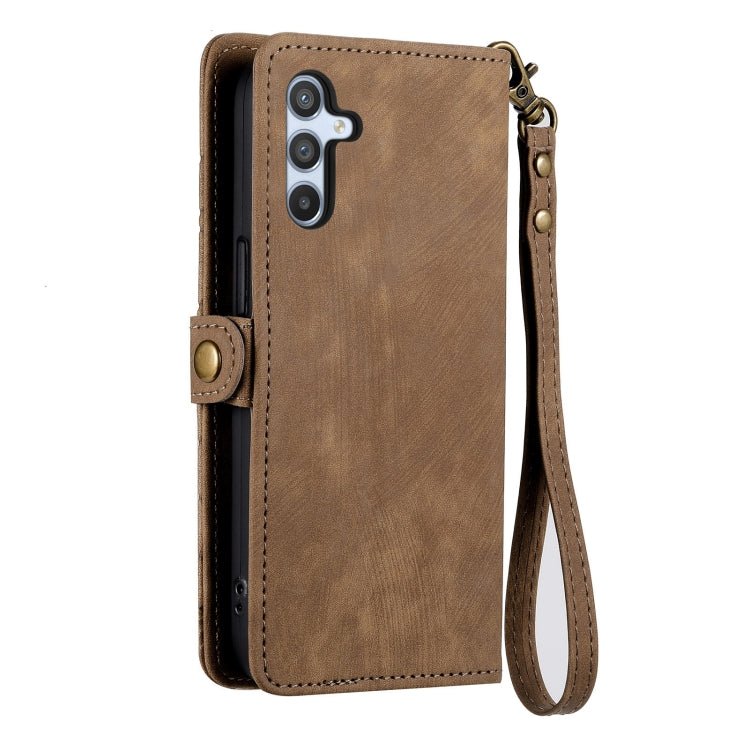 For Samsung Galaxy A22 4G Geometric Zipper Wallet Side Buckle Leather Phone Case(Brown) - free shipping - PMC TechLife - Order now!