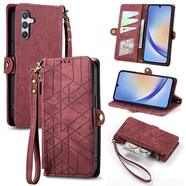 For Samsung Galaxy A22 5G Geometric Zipper Wallet Side Buckle Leather Phone Case(Red) - free shipping - PMC TechLife - Order now!