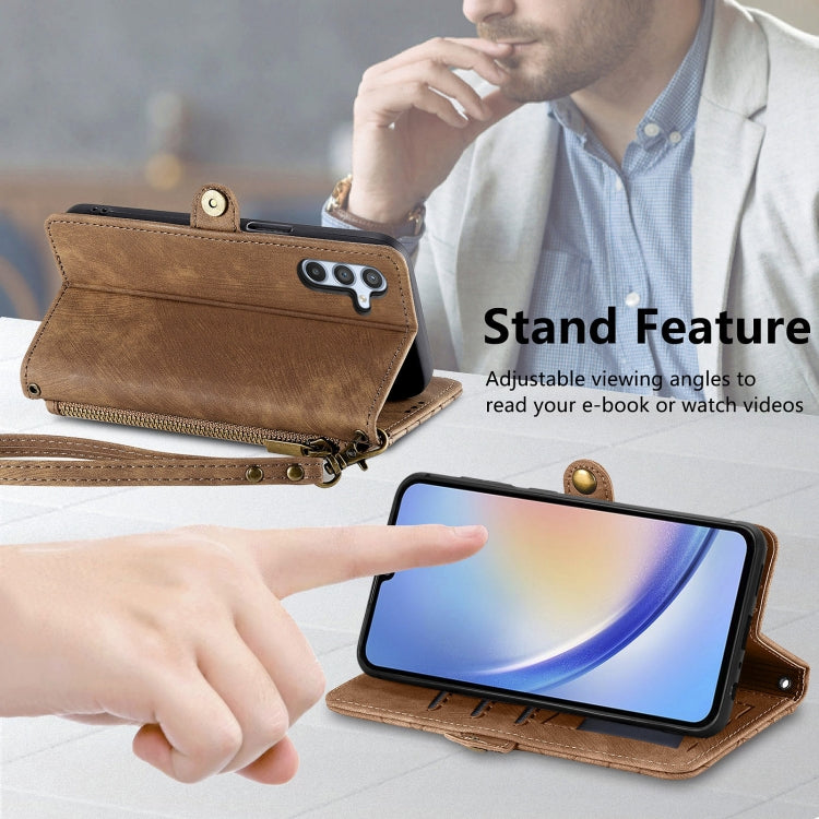 For Samsung Galaxy A24 4G Geometric Zipper Wallet Side Buckle Leather Phone Case(Brown) - free shipping - PMC TechLife - Order now!
